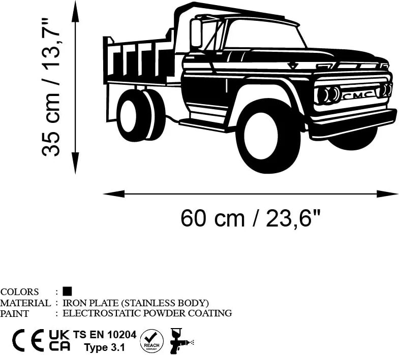 Aksesor dekorativ muri prej metali, kamion GMC 1962, ngjyrë e zezë, 60x35cm