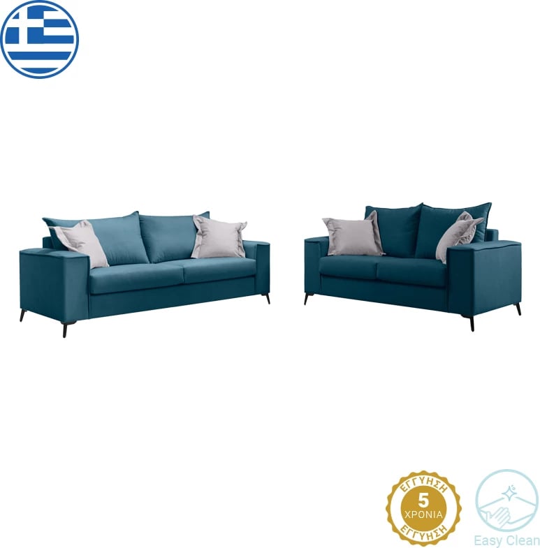 Set divanësh Verona 2 pjesë, pëlhurë blu me jastëkë ngjyrë gri të lehtë