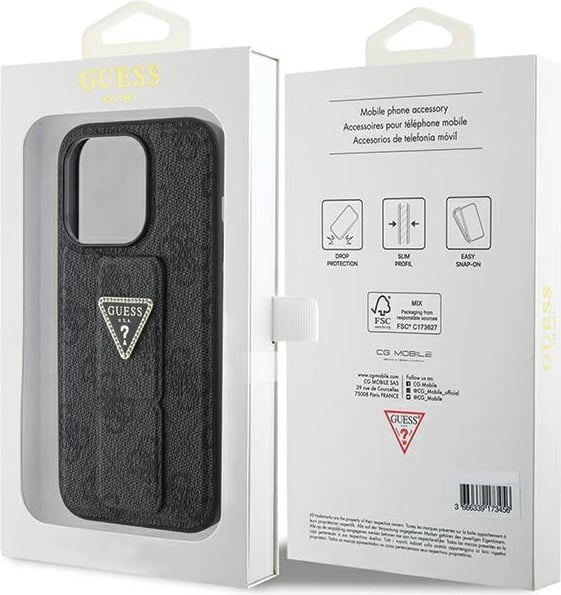 Mbështjellës Guess Grip Stand 4G Triangle Strass për iPhone 15 Pro Max, i zi