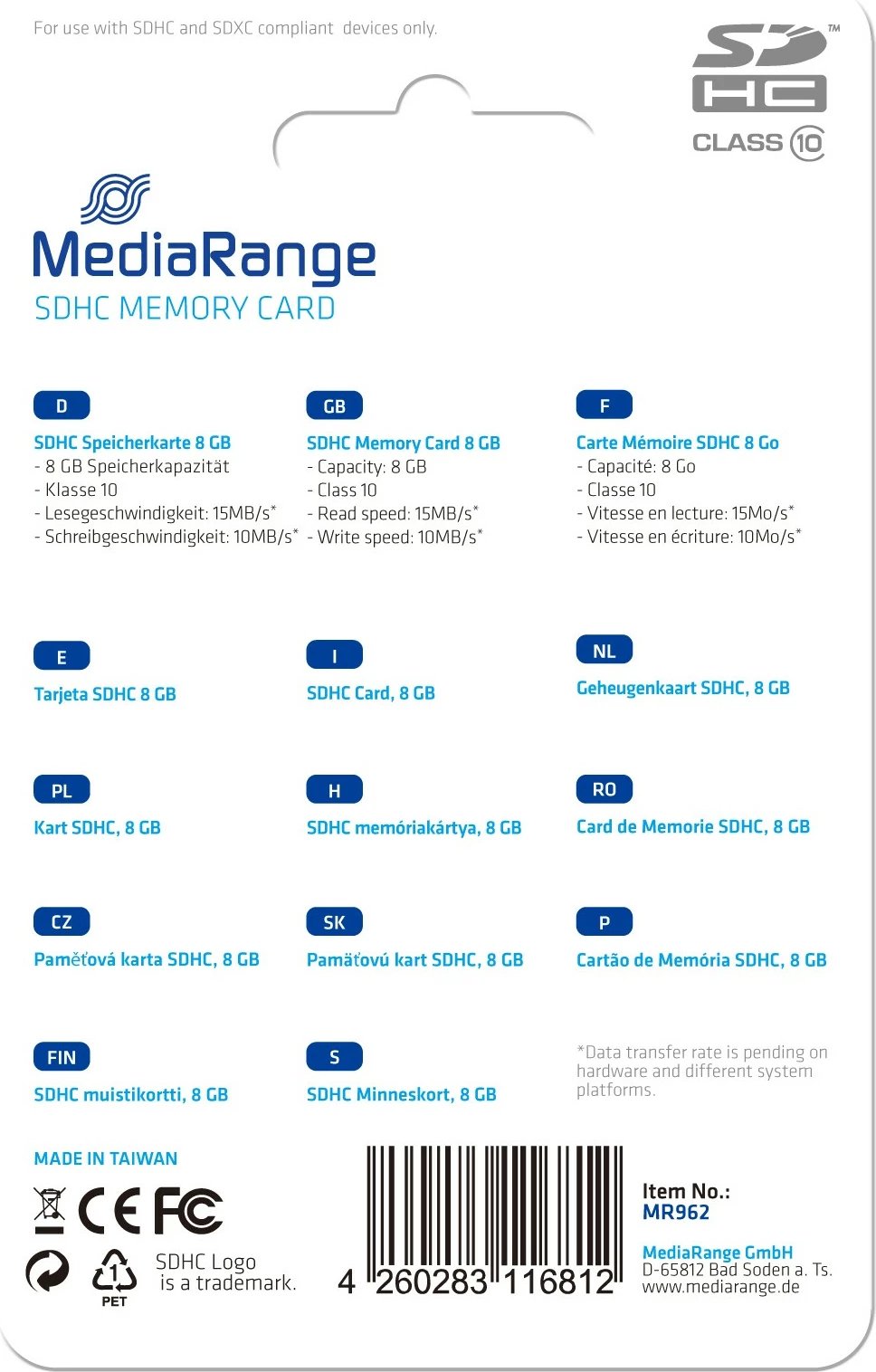 SDHC kartelë MediaRange MR962 8GB kaltër