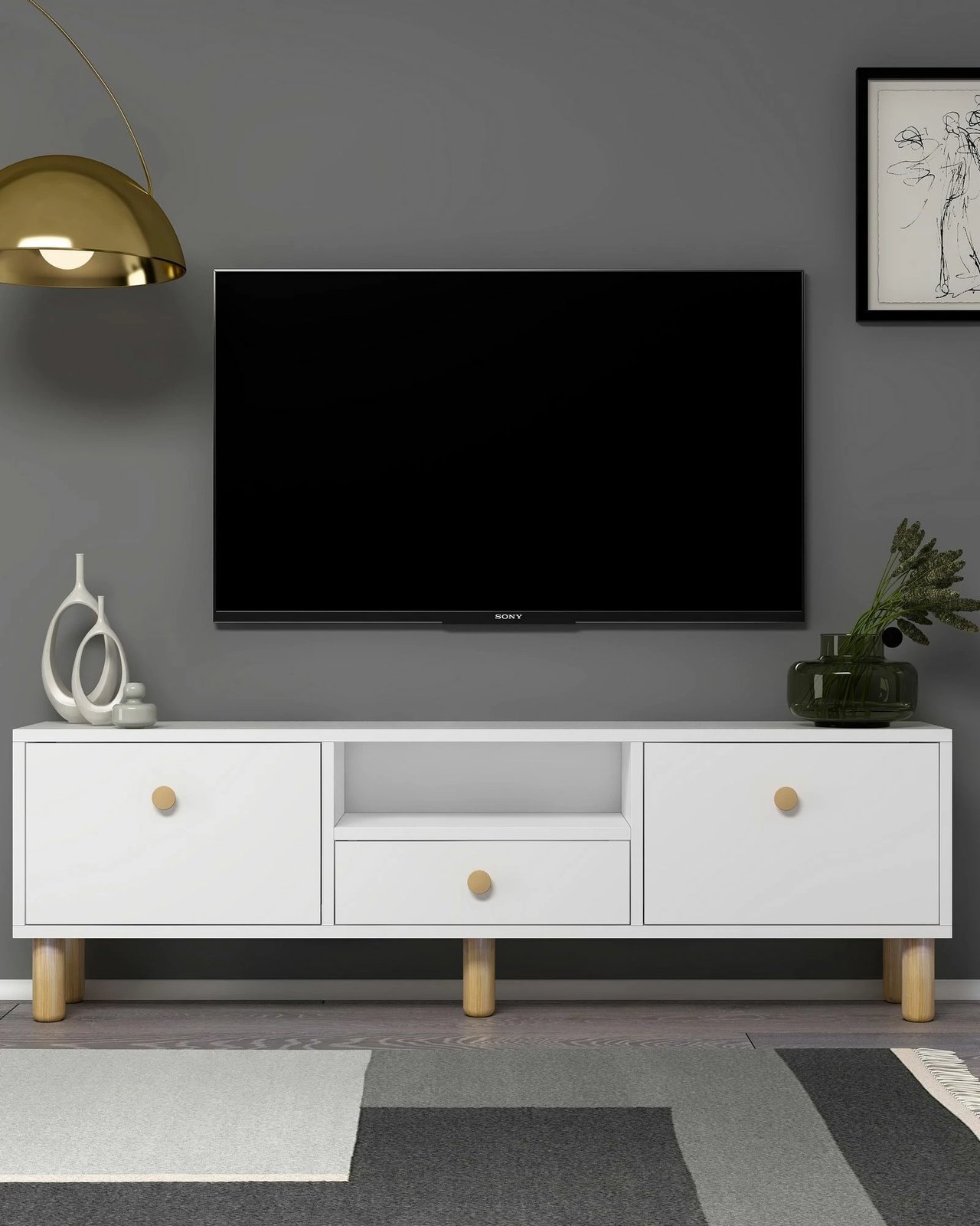 Komodë TV Skye Decor, e bardhë, lisi sapphire, 1310-DROP-1