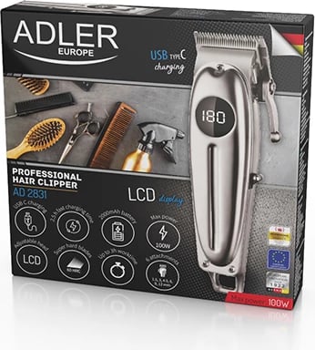 Makinë qethëse, Adler, AD 2831, LCD, bateri 2200 mAh deri 3h, karikim USB-C, 6 krehra, rregullim 1.0-1.8 mm, argjendtë, set aksesorësh