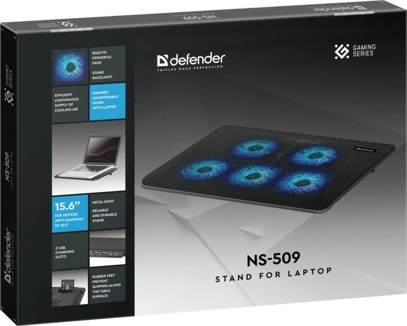 Mbajtëse ftohëse Defender NS-509 për laptop, 15.6-17", 5 ventilatorë, 2xUSB, Metal, E zezë