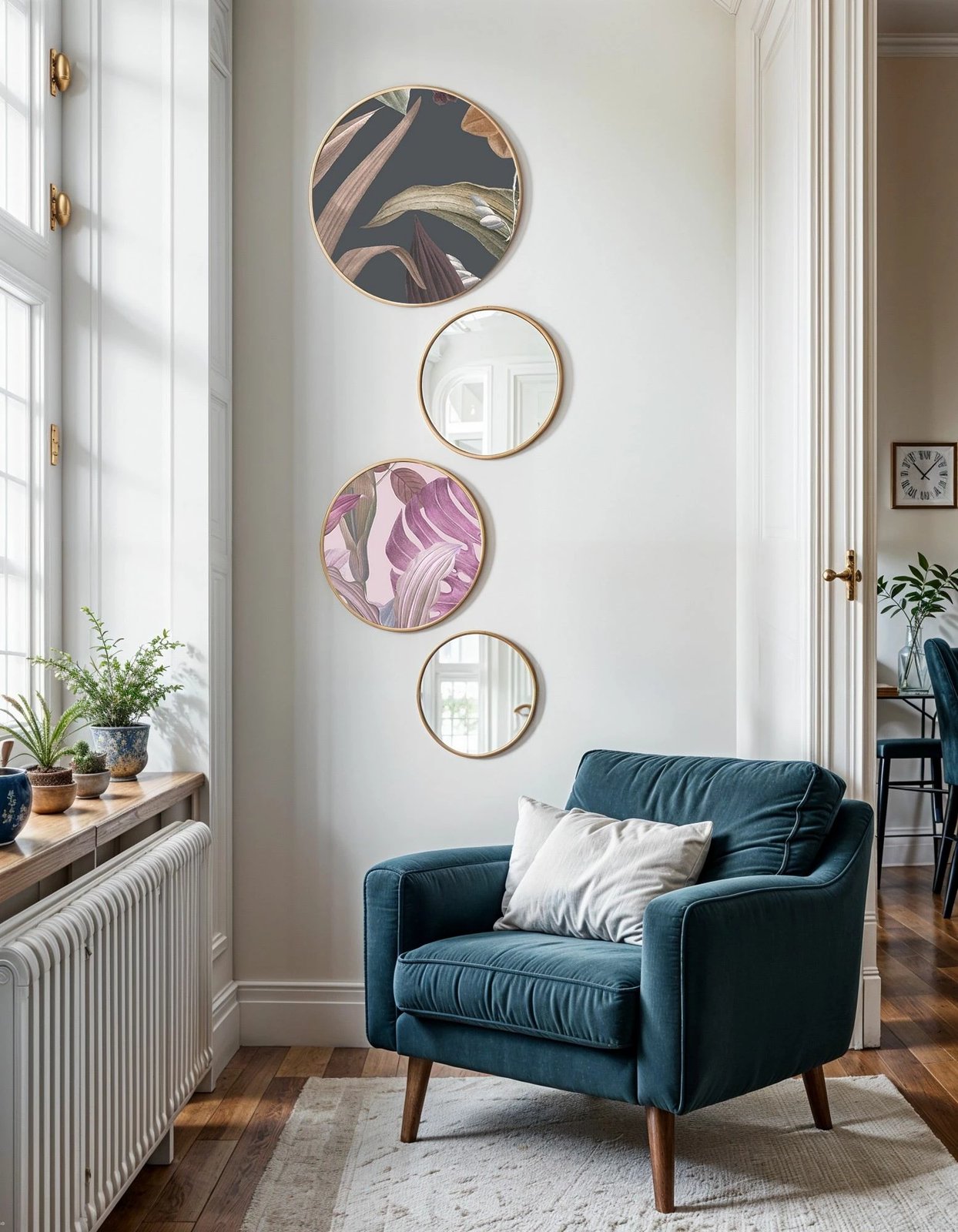 Set dekorativ me piktura MDF me kornizë dhe pasqyra (4 copë), Wallity, Roundmirrorset - 0002