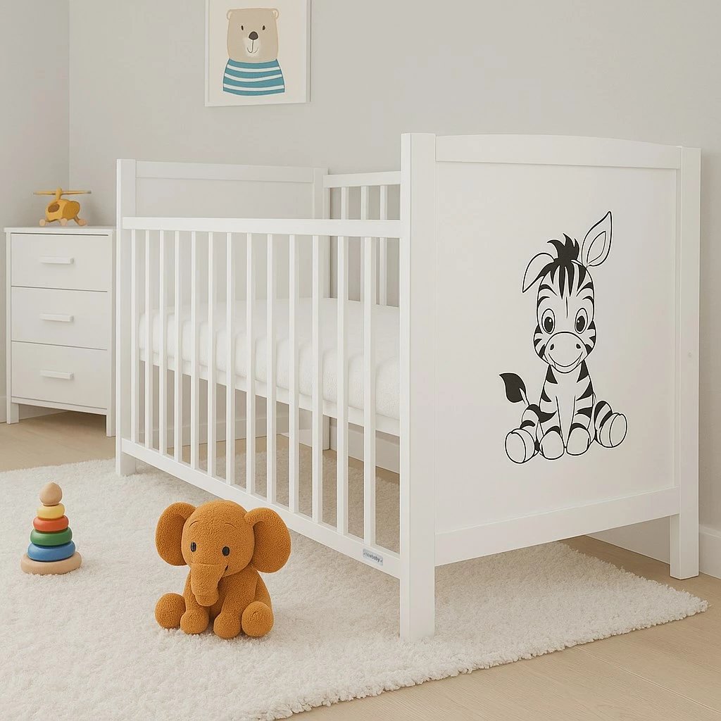 Krevat bebe New Baby BEA Zebra 120x60 cm me anësore të ulshme me një dorë, 3 nivele baze, dru pishe, e bardhë