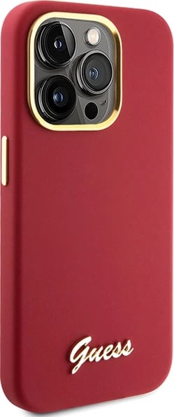 Mbështjellës Guess për iPhone 15 Pro, Silicone Script Metal Logo & Frame, Kuq
