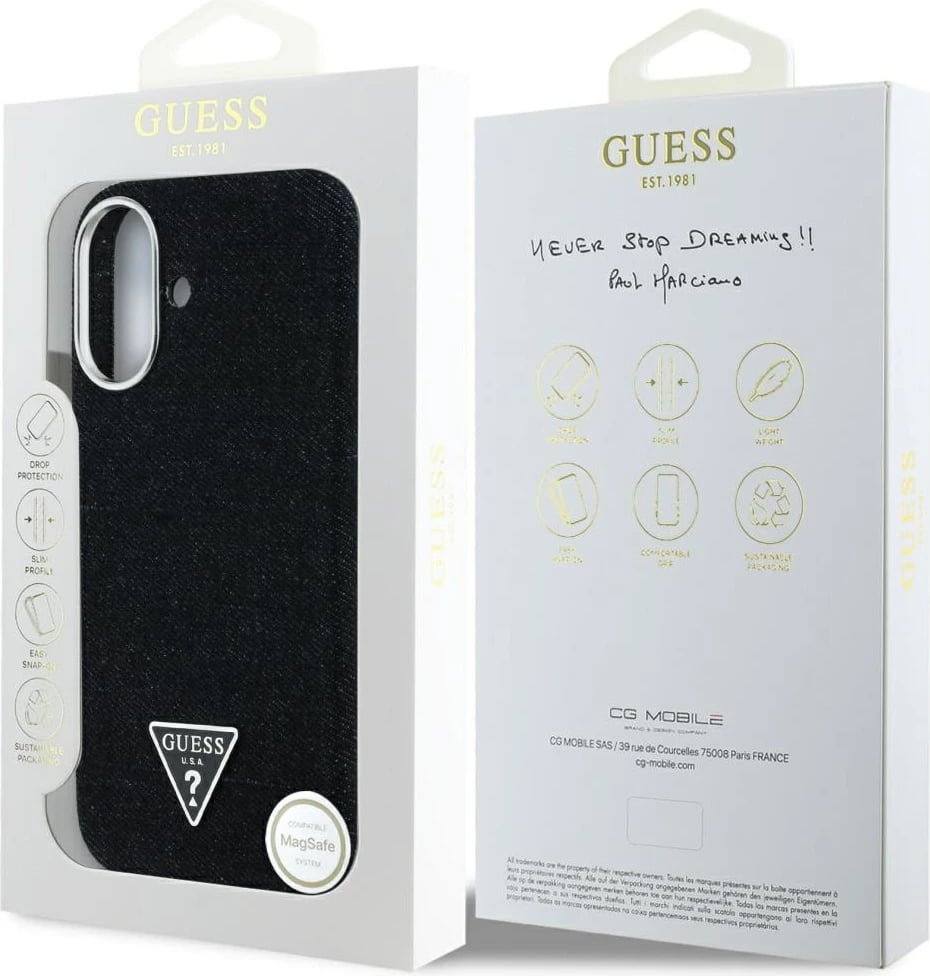 Mbështjellës Guess Denim Triangle Logo MagSafe për iPhone 16, i zi
