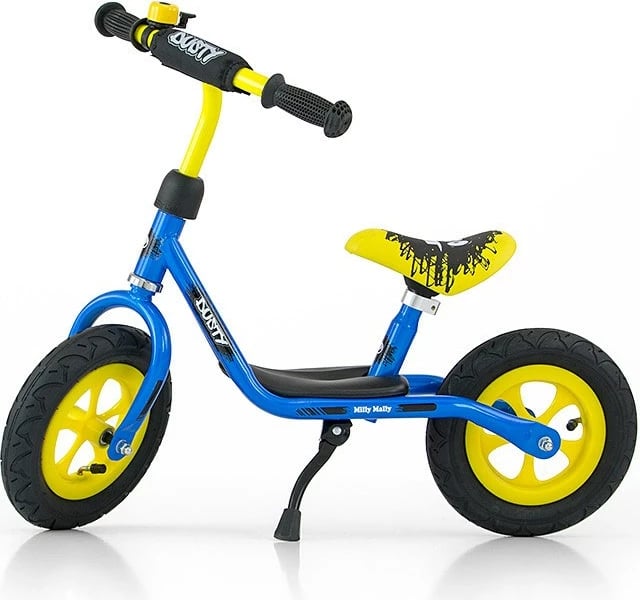 biçikletë balancuese për fëmijë, Milly Mally Dusty, 12\" goma të frymëshme, kornizë çeliku, zile, këmbëz mbajtëse, blu