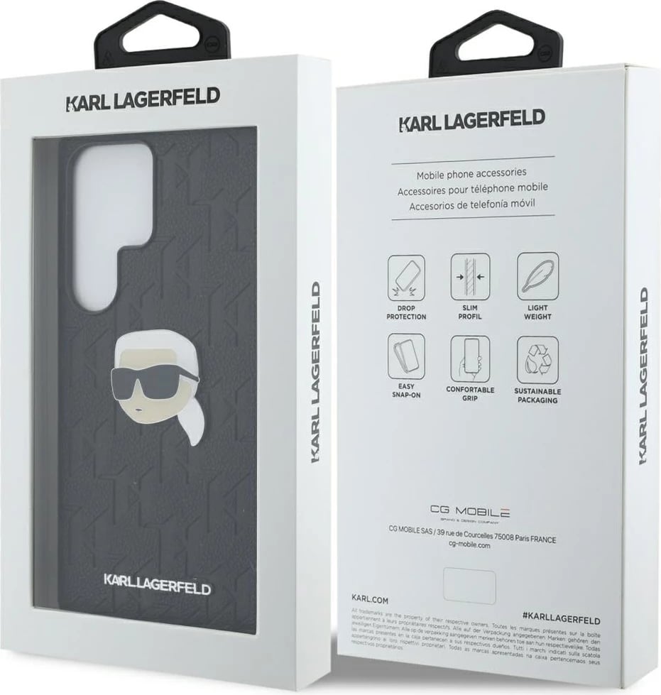 Mbështjellës Karl Lagerfeld Leather Monogram Pin Logo Karl Head për Samsung Galaxy S25 Ultra, Zi