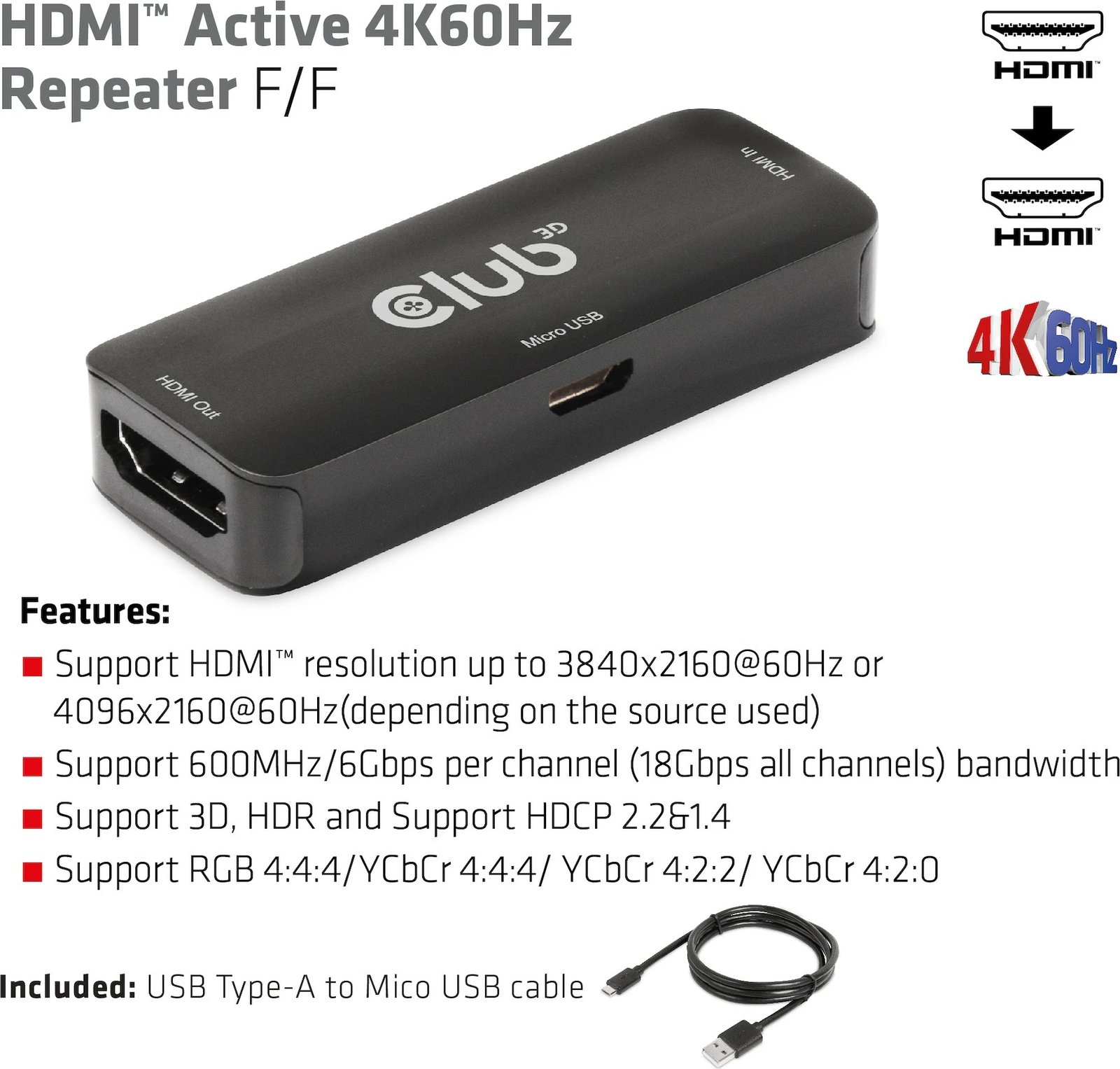 Përsëritës HDMI aktiv Club3D 4K60Hz Bu/Bu