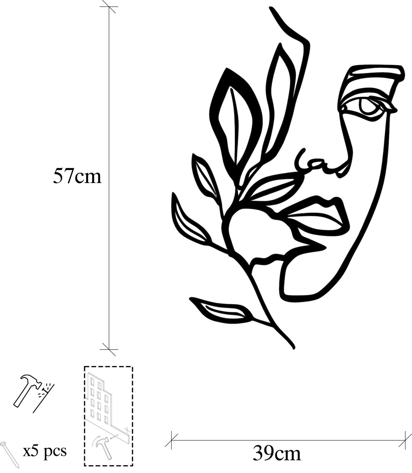 Aksesor dekorativ metalik për mur, fytyrë gruaje pas degëve, Wallity