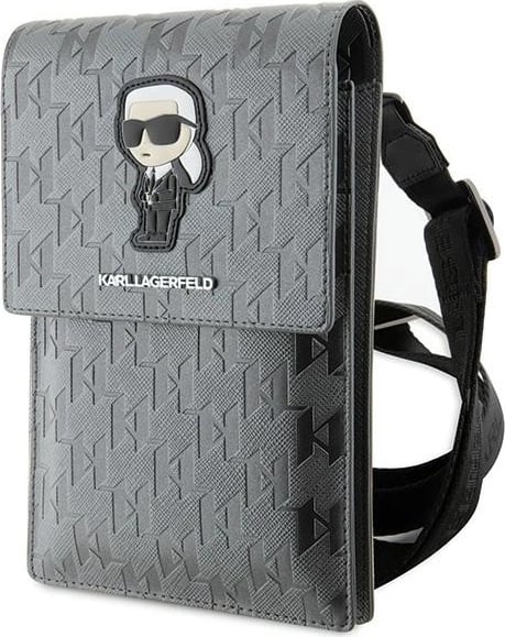 Çantë për celular Karl Lagerfeld Saffiano Monogram Ikonik, argjendtë