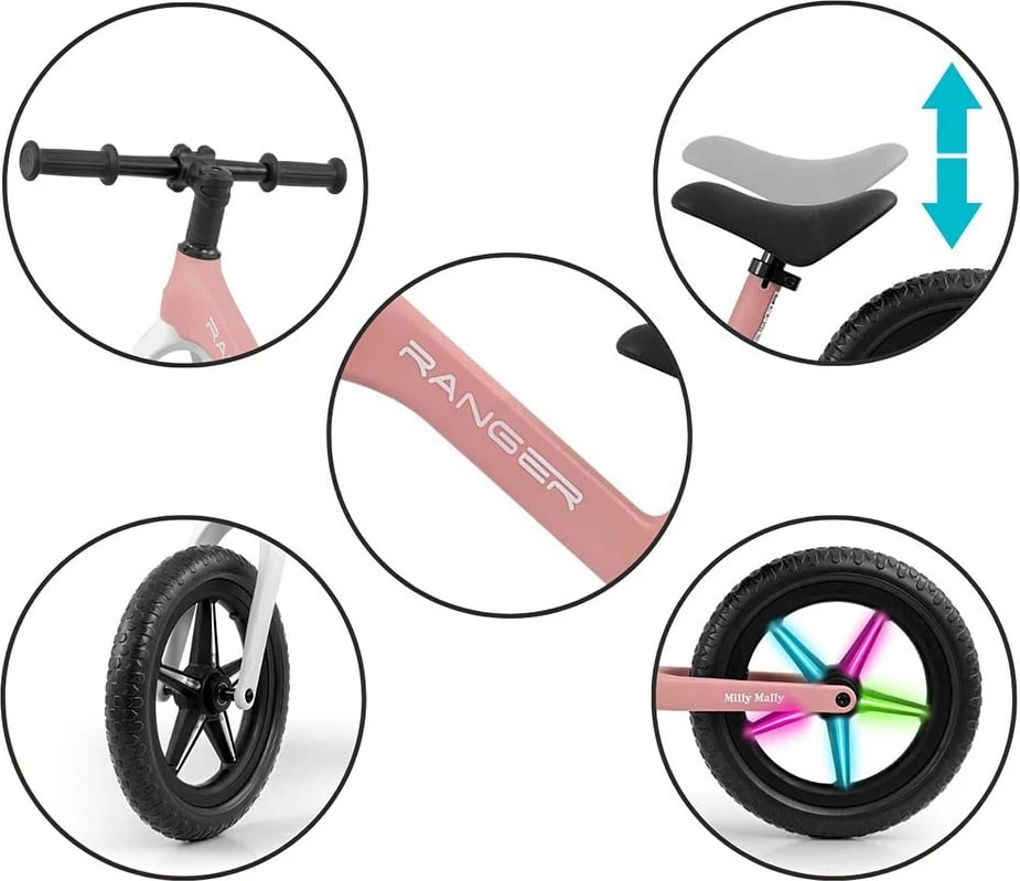 Biçikletë pa pedale për fëmijë, Milly Mally Ranger Flash, 12\" EVA, kornizë kompozite, rrota me LED, peshë 2.8 kg, rozë