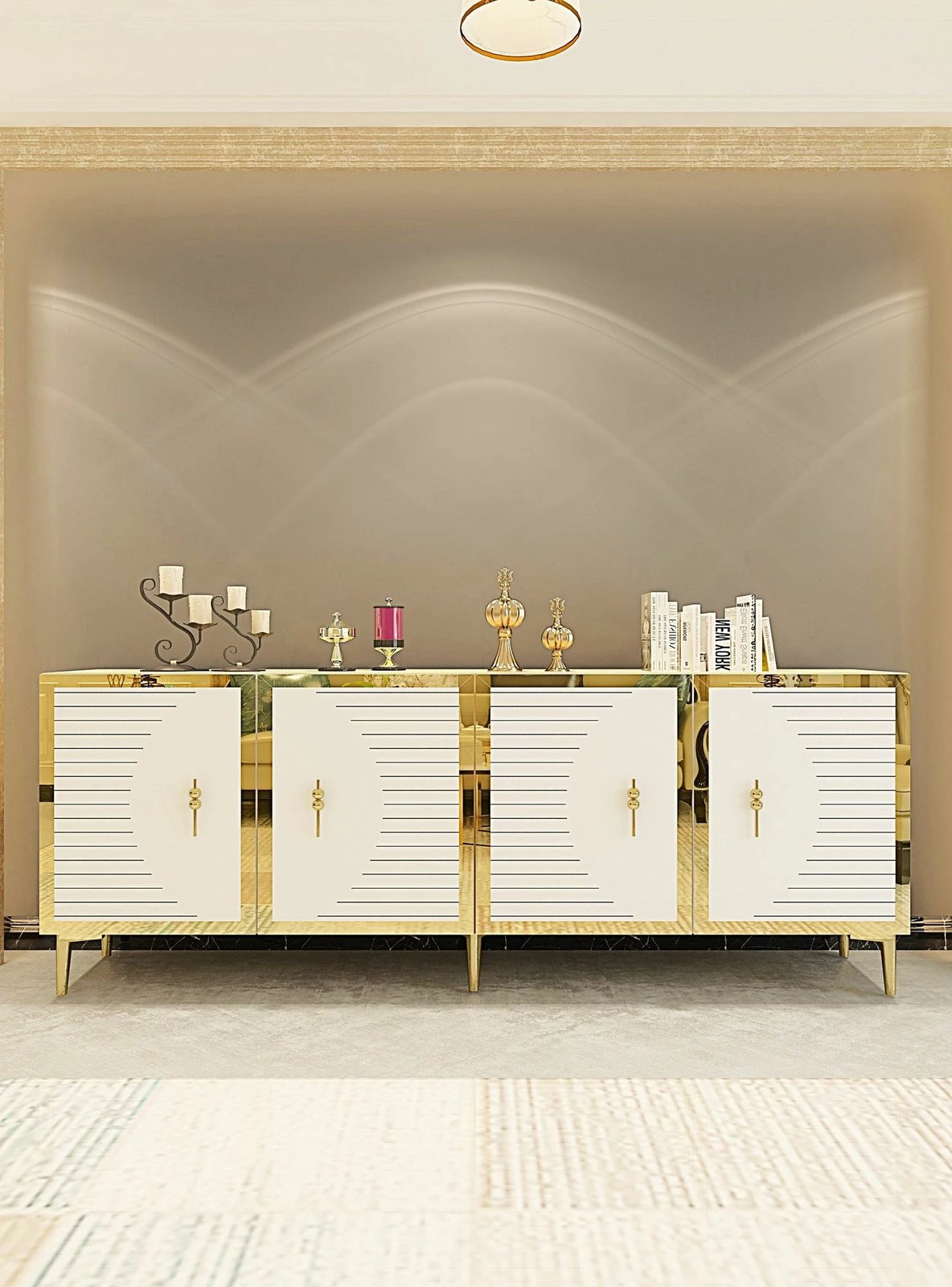 Konsol Skye Decor, Tuna 180, ngjyrë lis safir, e bardhë, ari