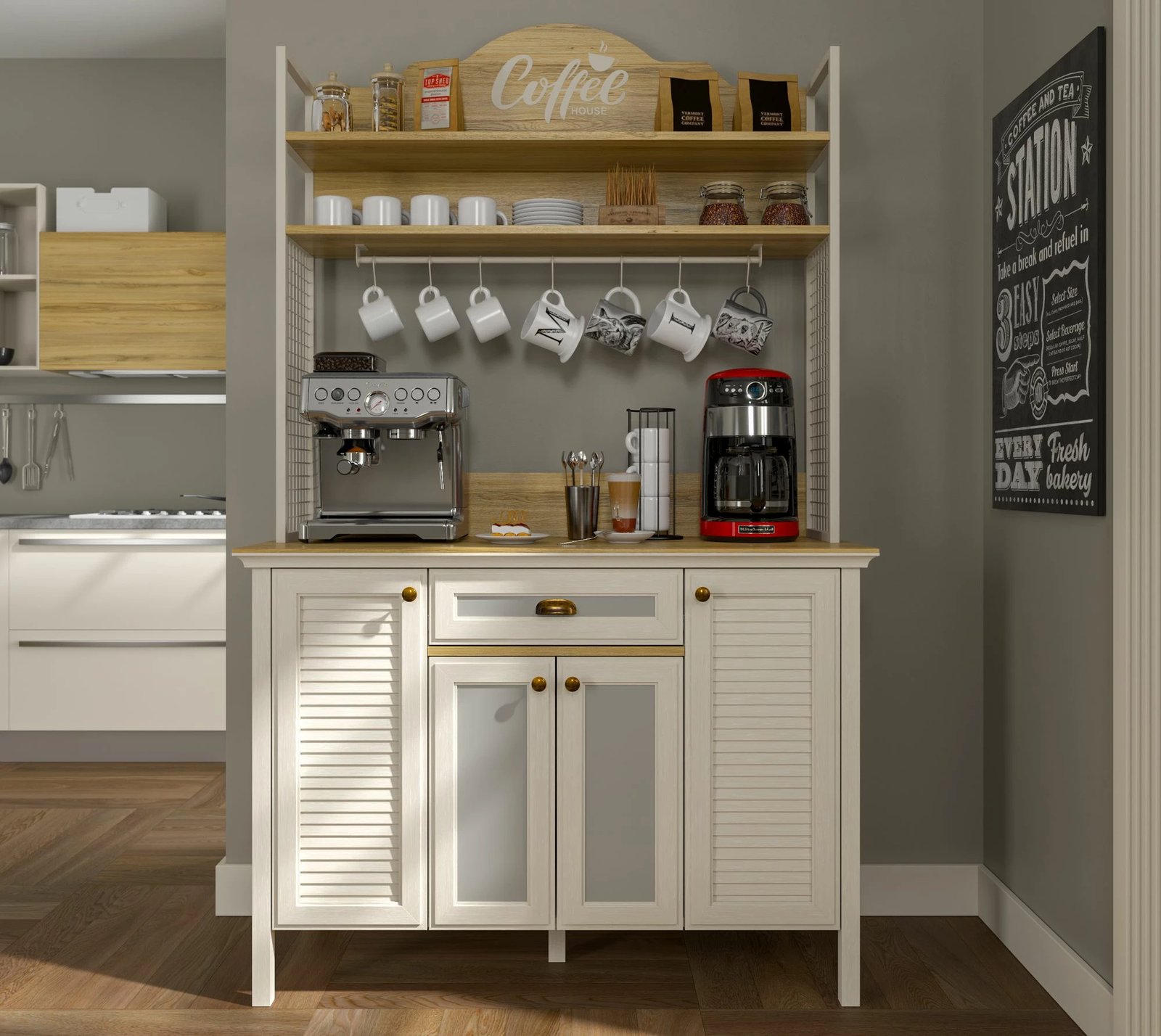 Dollap për kafe, ngjyrë krem, lis dhe e bardhë, Skye Decor, FRN-21027-1