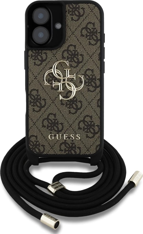 Mbështjellës Guess 4G Big Logo Cord Stap Crossbody për iPhone 16, Kafe