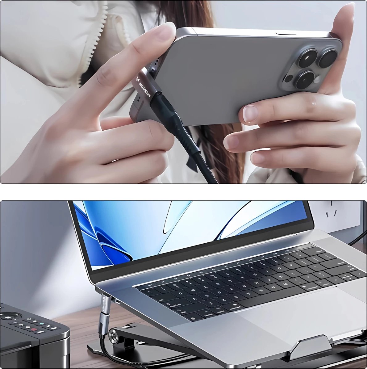 Adapter i kënduar USB-C në USB-C, Wozinsky WPKF-01, Thunderbolt 4 40Gb/s, PD 240W, 8K 60Hz, OTG, gri