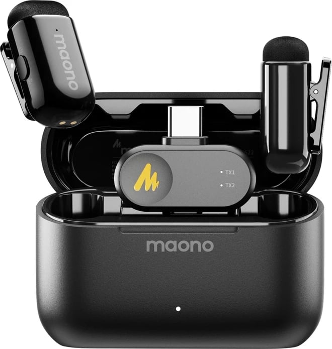 Mikrofon wireless, Maono WM622 PC2, për iPhone/iPad, MFi, 100 m, 48kHz/16-bit, 30 orë me kuti karikimi, 2 transmetues, zi