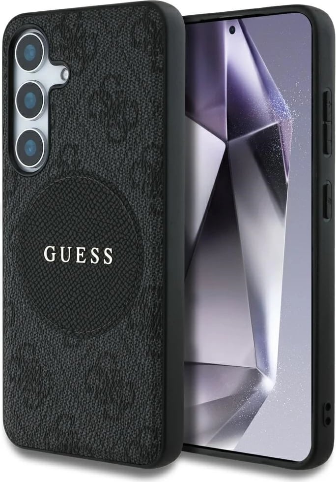 Mbështjellës Guess 4G Round Patch Classic Logo MagSafe për Samsung Galaxy S25, i zi