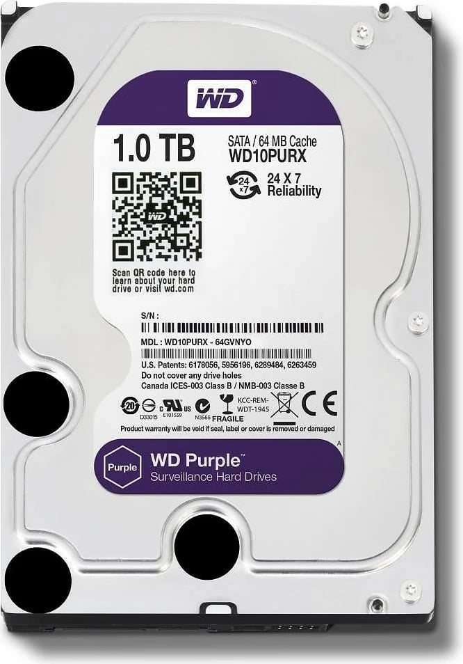 Kasë Western Digital WD Purple, 1TB, 3.5", SATA III, 5400 RPM, e zezë/argjendtë