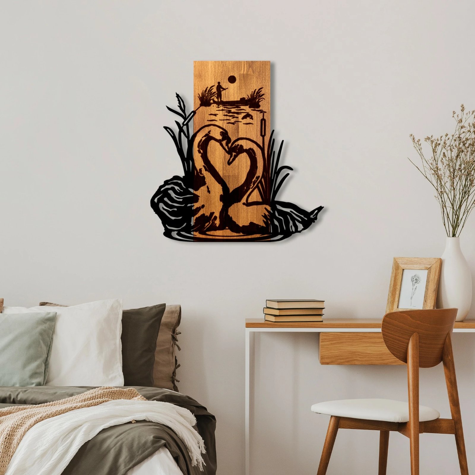 Aksesor dekorativ për mur, druri dhe metal, Swan Lake, ngjyrë arre dhe e zezë