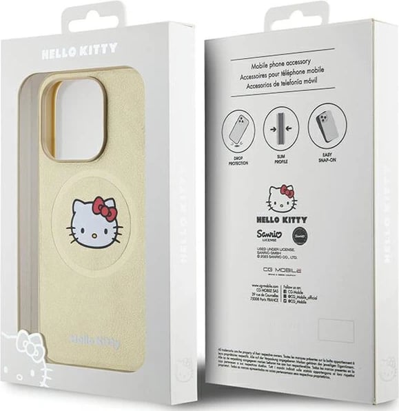 Mbështjellës Hello Kitty Leather Kitty Head MagSafe për iPhone 15 Pro, lëkurë artificiale, ari