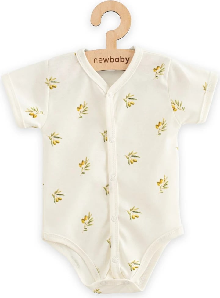 bodysuit bebe me kopsa të plota me mëngë të shkurtra, New Baby Olives, 100% pambuk organik, madhësia 56 (0-3m), bezhë