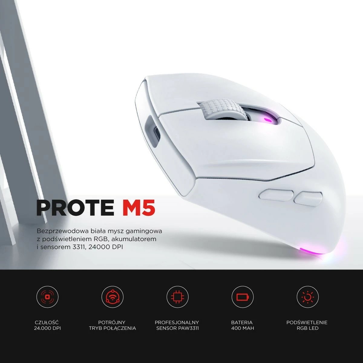 Maus Rampage Prote M5, 24000 DPI, RGB LED, wireless/wired, bardhë Maus Rampage Prote M5, 24000 DPI, RGB LED, wireless/wired, bardhë