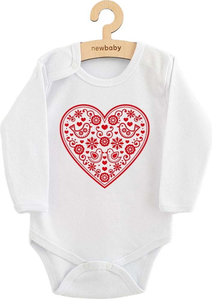 body bebe, NEW BABY, Folk Pattern Red Heart, 100% pambuk, mëngë të gjata, madhësia 56 (0-3m), e kuqe