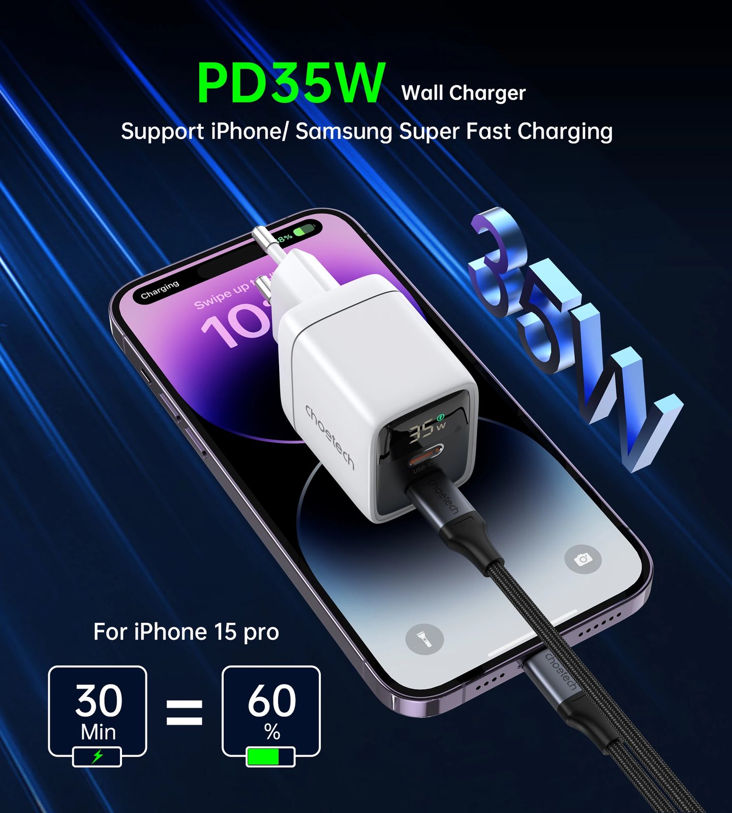 Karikues muri Choetech PD6051, 2x USB-C PD, 35W, me ekran, i bardhë