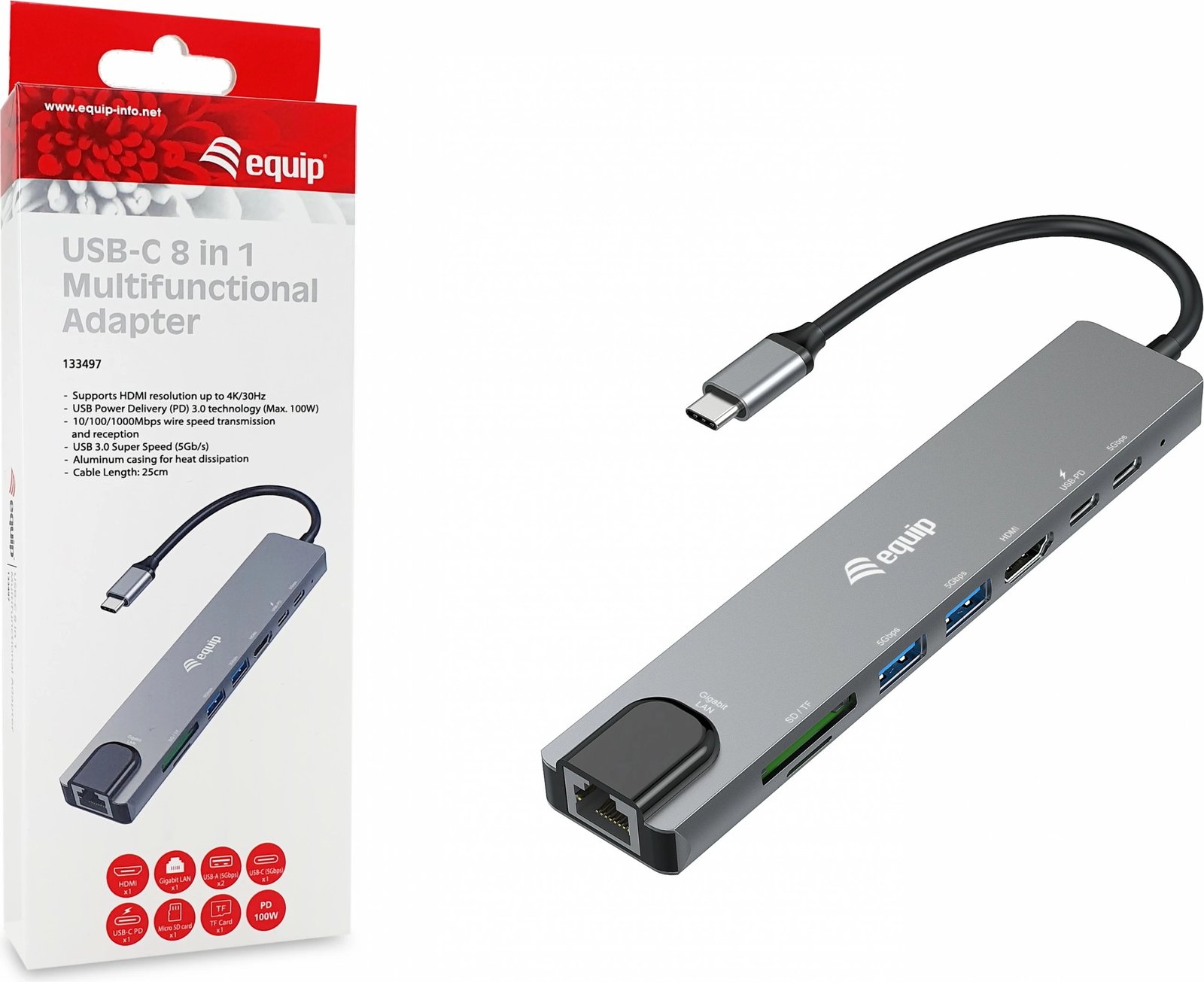 Adapter USB-C Equip, HDMI, 3x USB 3.2 Gen1, SD/TF, PD 100W, e zezë/gri