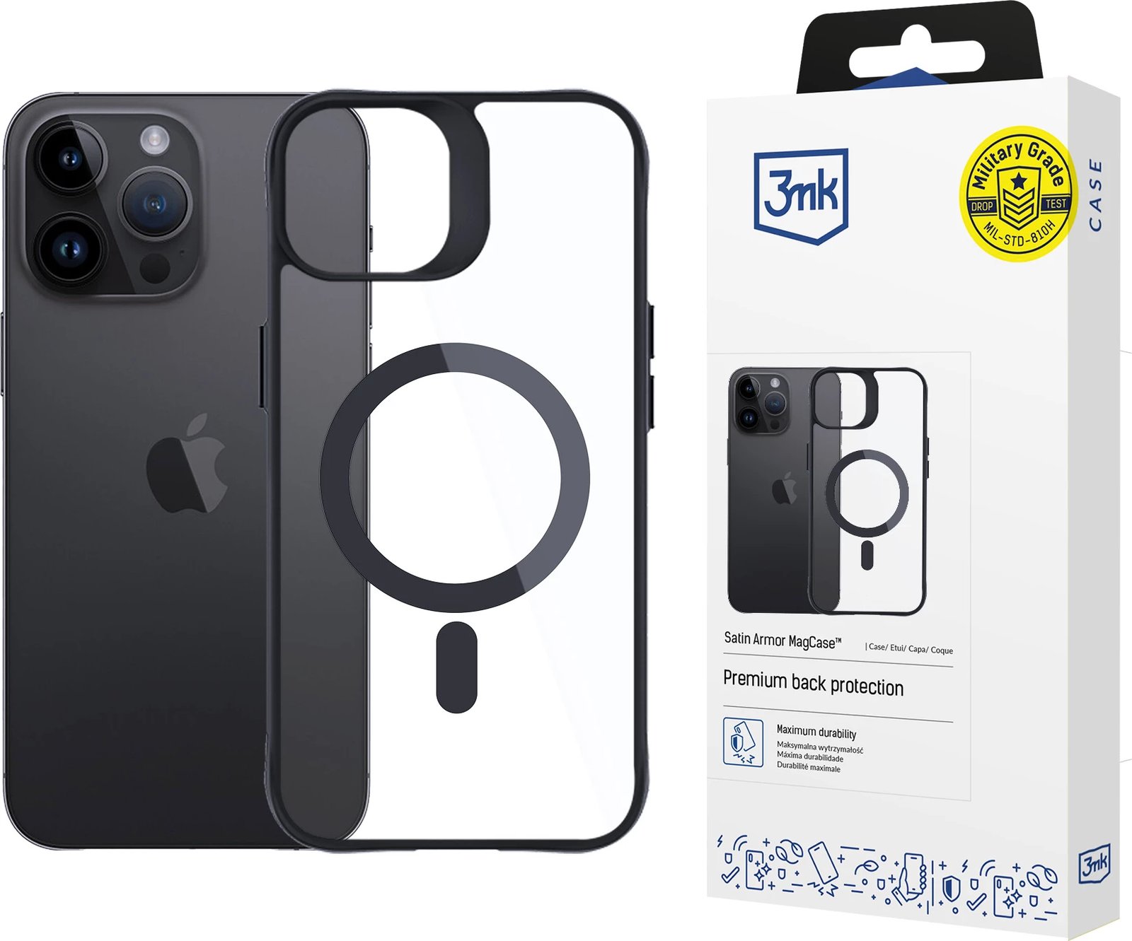 Mbështjellës 3mk Protection Satin Armor MagCase me MagSafe për iPhone 14 Pro, Transparent me kornizë të zezë