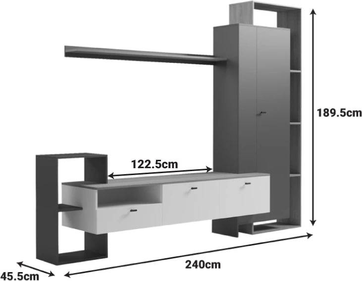 Set për dhomë dite Ferefia, ngjyrë sonoma, e bardhë dhe gri e errët, 240x45.5x189.5cm