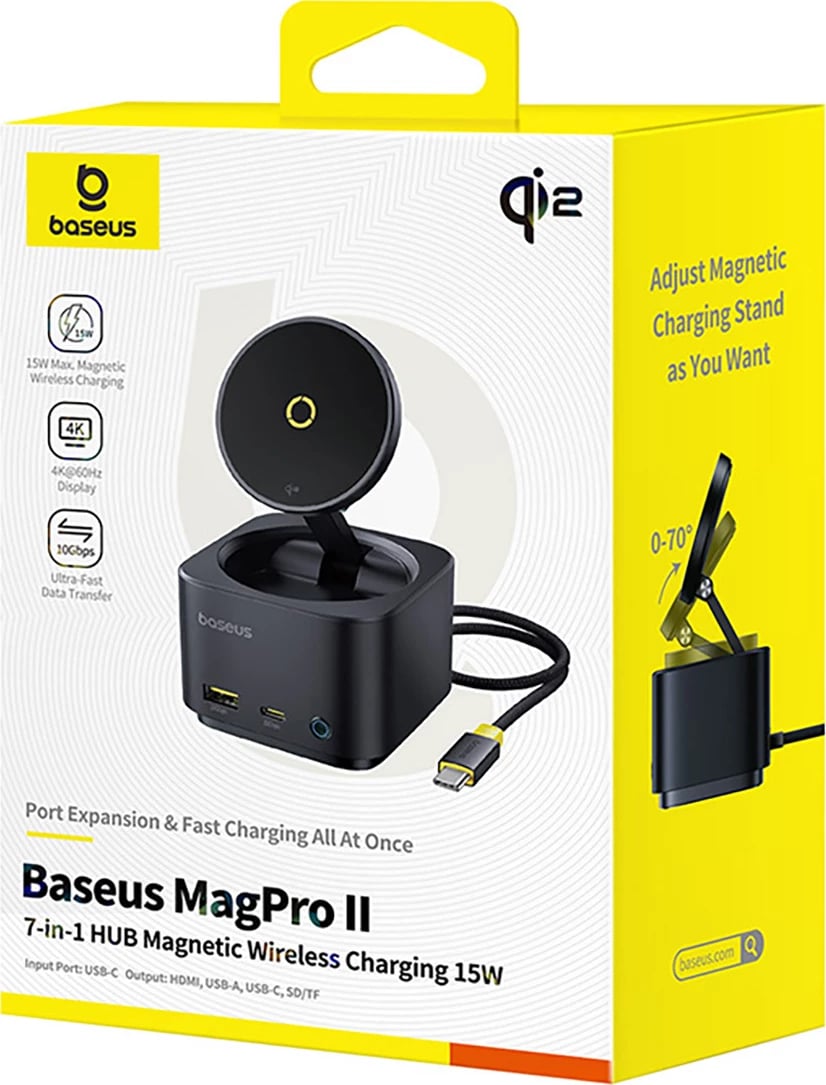 Kasë Baseus MagPro Series II 7-in-1 me karikues wireless MagSafe 15W, HDMI, USB-A, USB-C, SD/TF, e zezë