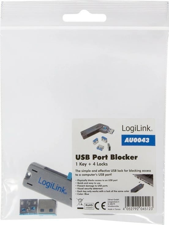 Set mbrojtës USB LogiLink AU0043 me çelës, 4 copë, Blu/Gri