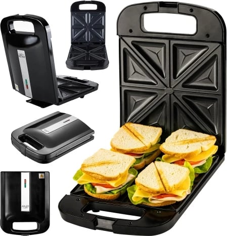 toster sanduiçesh Adler AD 3055, 4 sanduiçe, pllaka jo-ngjitëse 24x22 cm, 1400W, e zezë