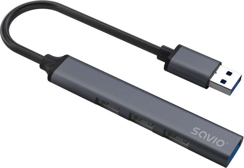 Hub USB-A 4 porta Savio AK-70, 3x USB-A 2.0, 1x USB-A 3.1 Gen 1, 5 Gbps, Alumini, Gri