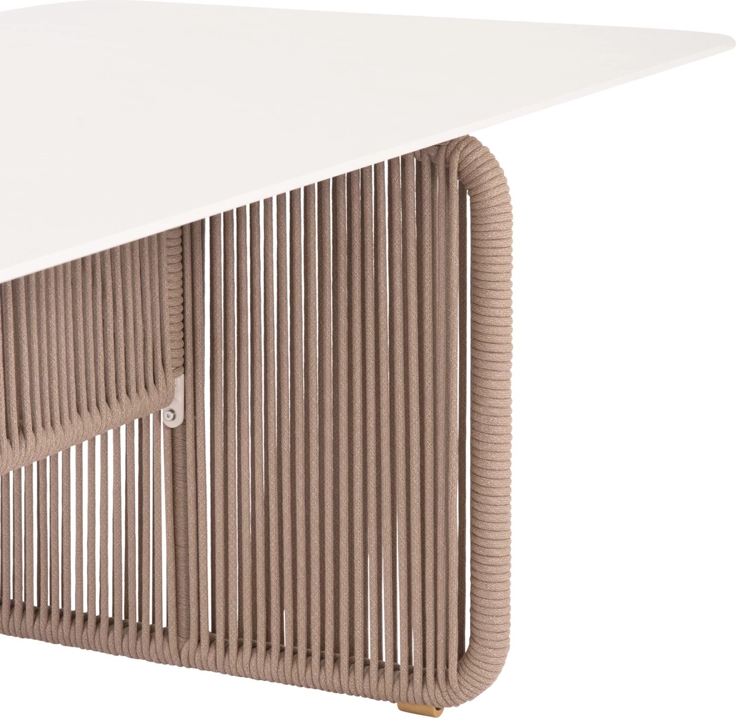 Tavolinë ngrënieje për jashtë, serisë ETHEREAL, sipërfaqe prej guri të sinterizuar ngjyrë fildishi, litar P.E. bezhë, 240x100x73.5cm