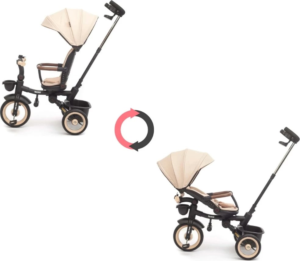 Tricikletë fëmijësh me dritë Milly Mally Twinkle, sedile rrotulluese 180°, timon prindëror i rregullueshëm, rrota shkumë, kapacitet 25 kg, me çati dhe kosha, bezhë