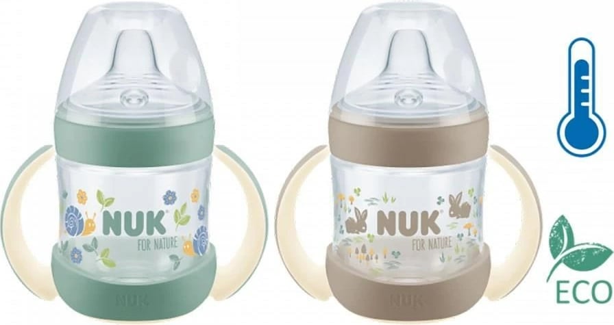 shishe mësimi për bebe, NUK for Nature, 150 ml, kontroll temperature, 6–18 muaj, kafe
