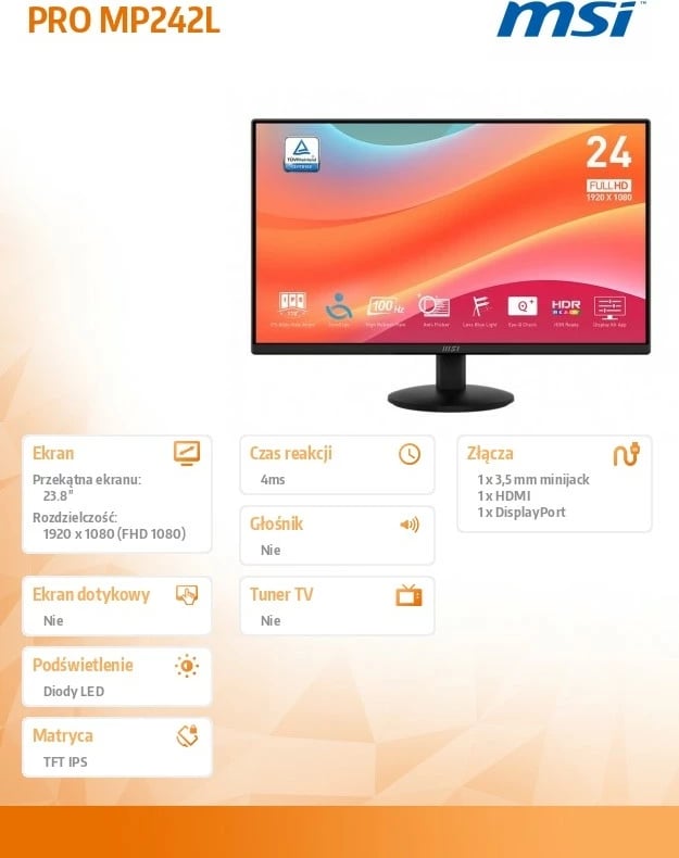 Monitor MSI PRO MP242L, 23.8", FHD, 100Hz, i zi