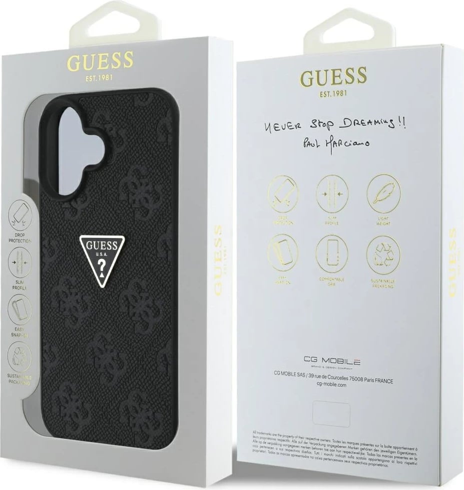 Mbështjellës Guess Hot Stamp 4G Pattern Triangle Metal Logo për iPhone 16, i zi Mbështjellës Guess Hot Stamp 4G Pattern Triangle Metal Logo për iPhone 16, i zi