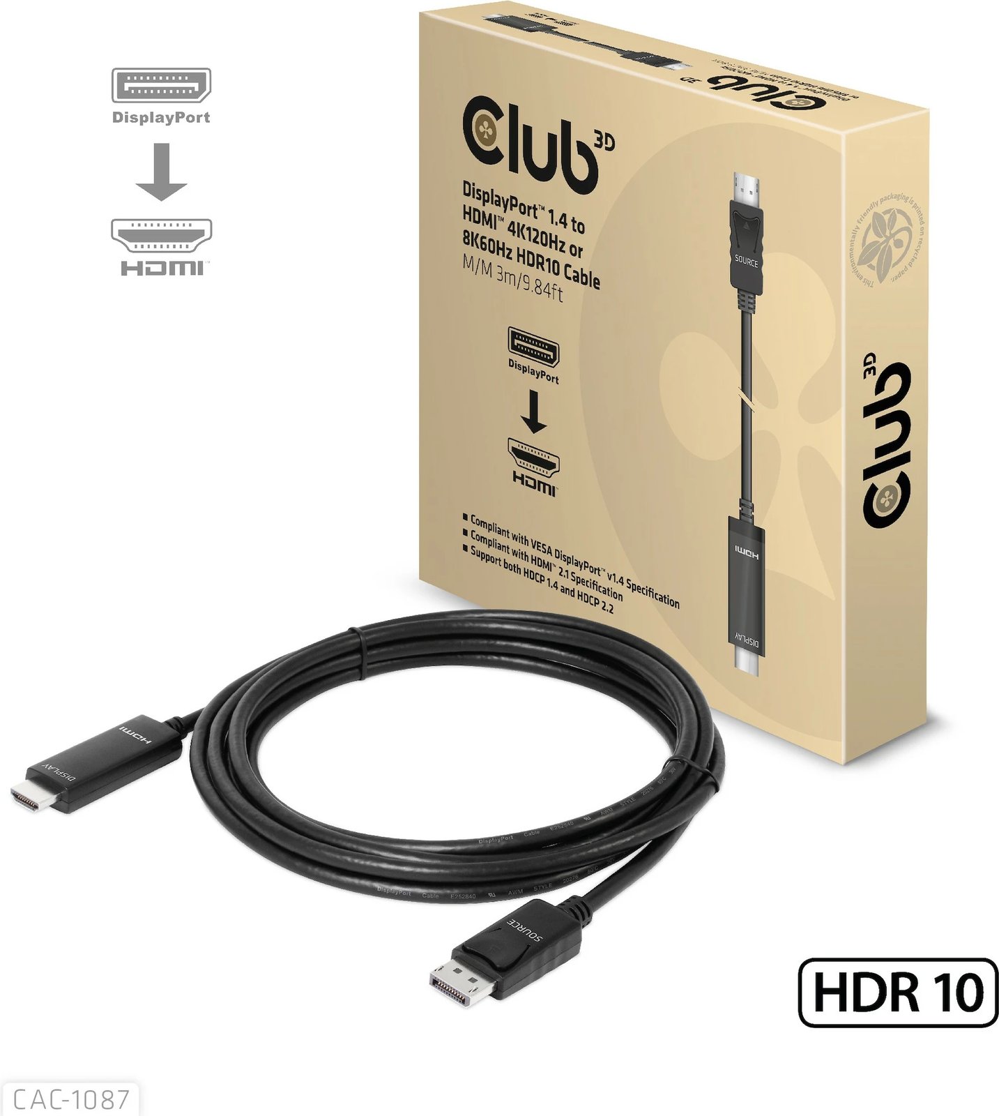 Kabllo DisplayPort në HDMI Club3D 3m, HDR10, 8K, e zezë
