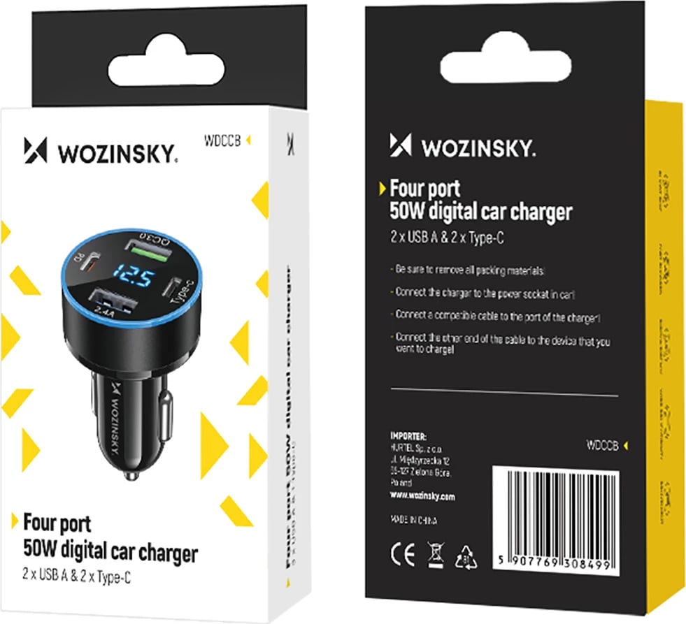 Karikues veture Wozinsky WDCCB, 50W, 2xUSB-C / 2xUSB-A, me ekran, i zi