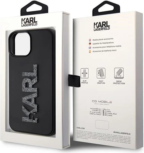 Mbështjellës Karl Lagerfeld 3D Rubber Glitter Logo për iPhone 15, i zi