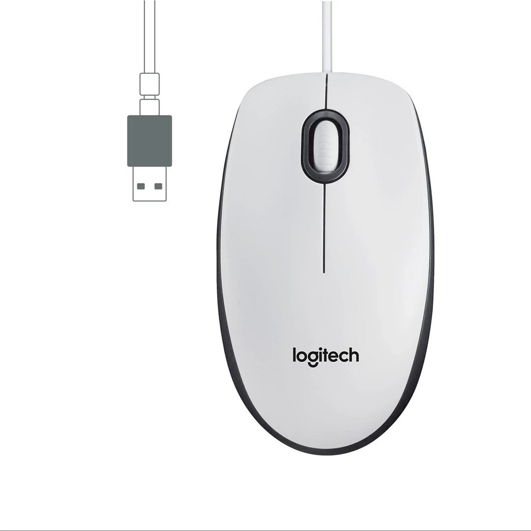 Maus Logitech M100, me kabllo, USB, i bardhë