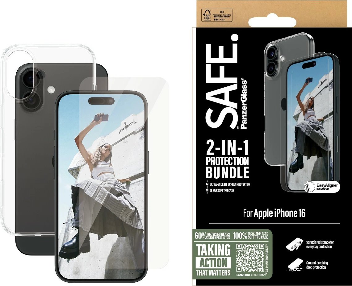 Mbështjellës PanzerGlass për iPhone 16, mbrojtës ekrani transparent, komplet 2-në-1