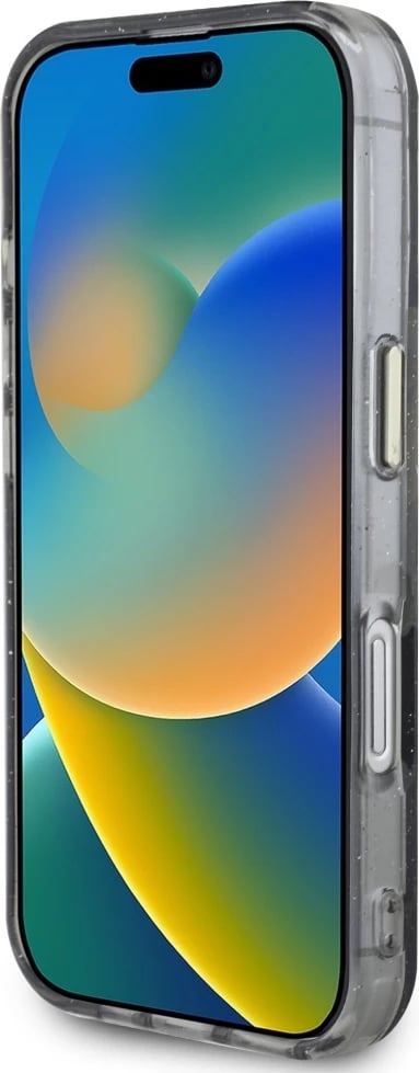 Mbështjellës Guess Glitter Flowers Triangle Buttons MagSafe për iPhone 16, i zi