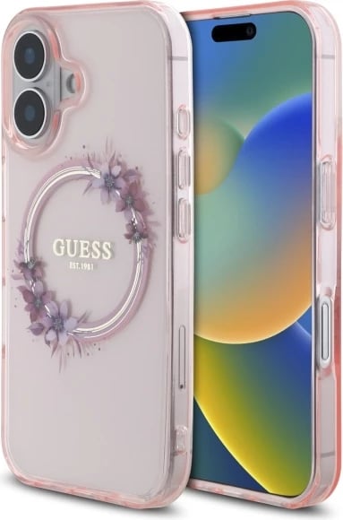 Mbështjellës Guess IML Flowers Wreath MagSafe për iPhone 16, Rozë Mbështjellës Guess IML Flowers Wreath MagSafe për iPhone 16, Rozë
