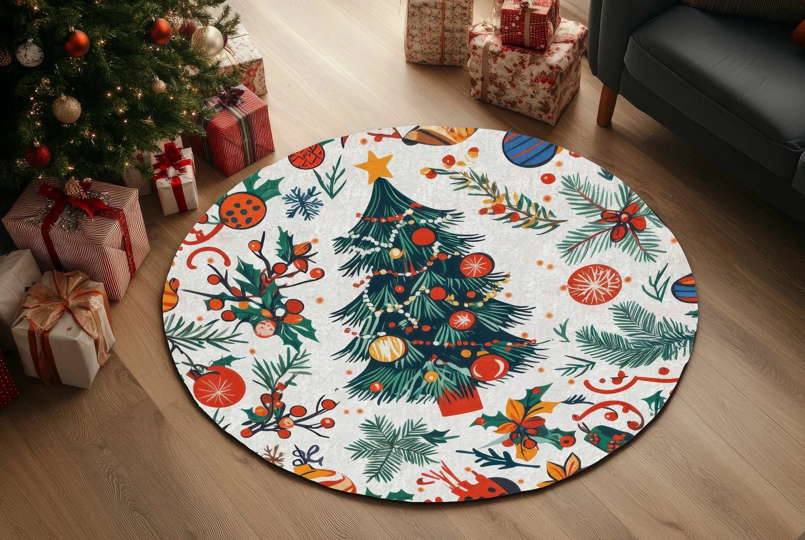 Qilim i rrumbullakët, motiv Krishtlindjesh, shumëngjyrësh, 80x80cm, Crp-Yrlk26-13